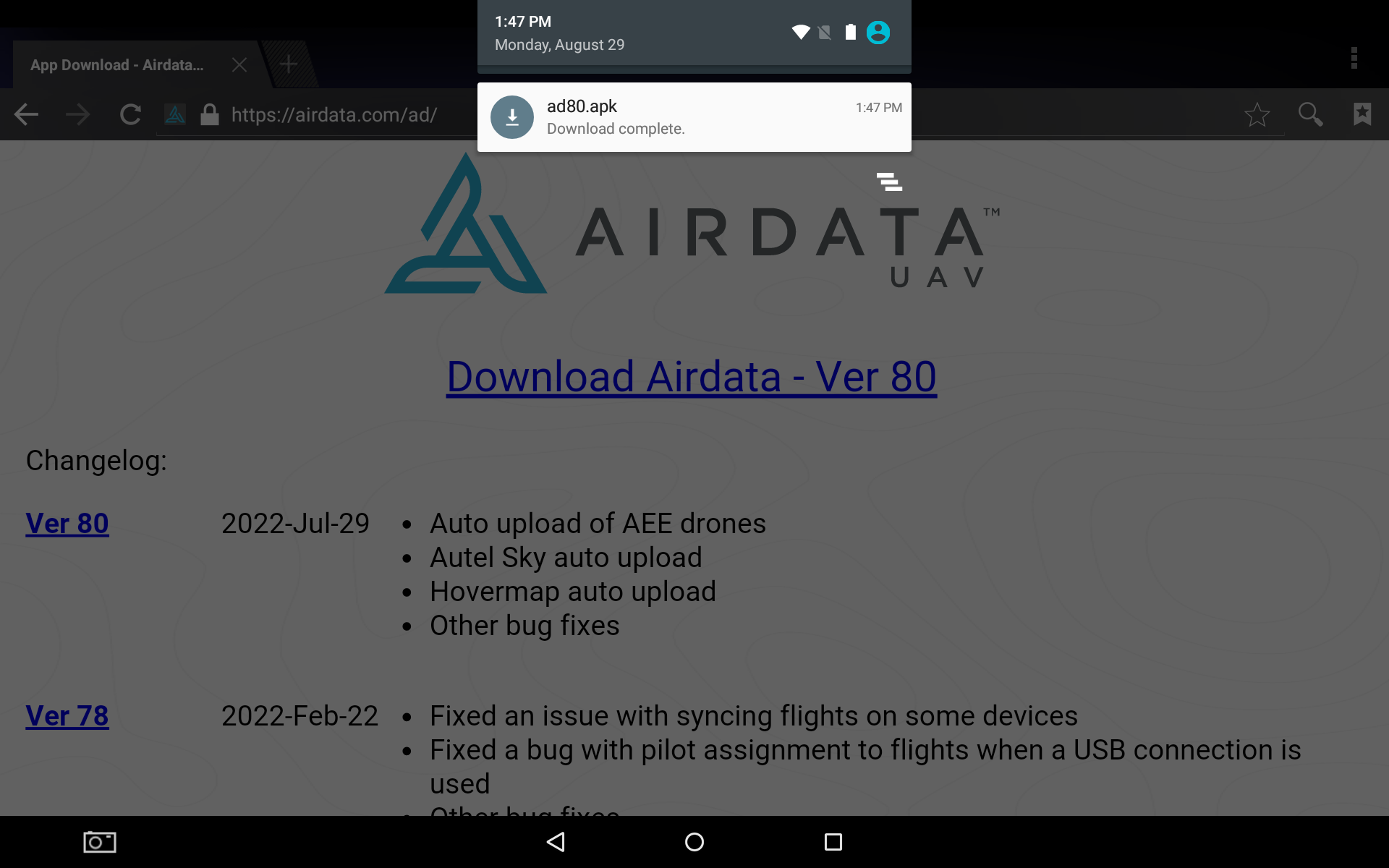 AEE Controller Swipe Down Confirm Download AirData Version 80 Android
