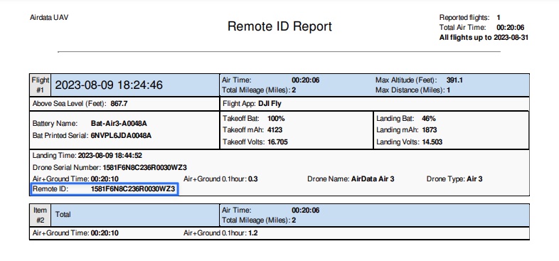 remote id reporting standard flight report